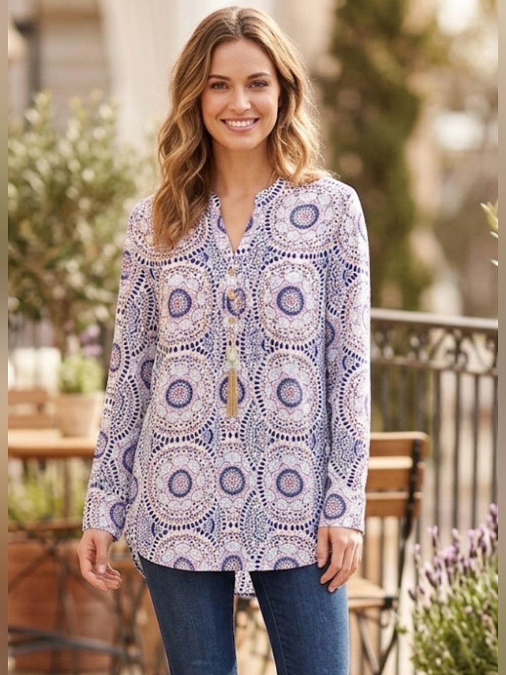 Liza Byrd Avery Tunic Blouse Medallion Print